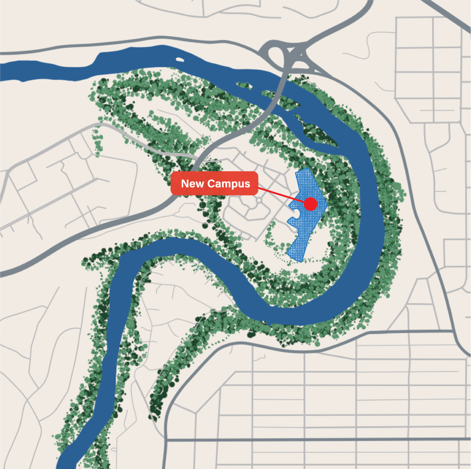 An illustrated map of the new campus location.